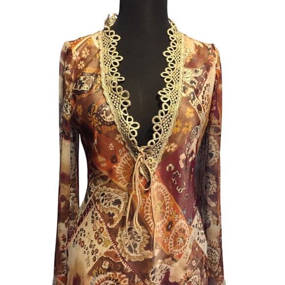 Cache Gold Silk Shimmer Lined Embellished Peasant Boho Lace Up Top New $138 NWT - Picture 2 of 3